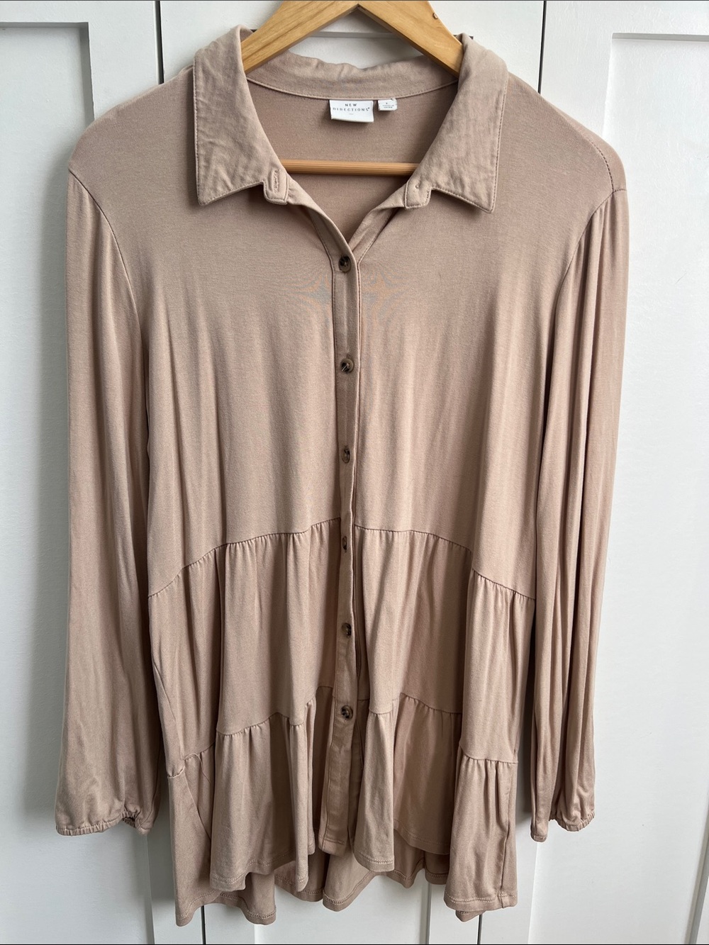 New directions Light Taupe Button-Front Tiered Soft Long-Sleeve Top